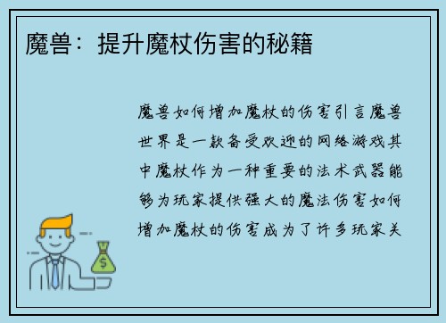 魔兽：提升魔杖伤害的秘籍